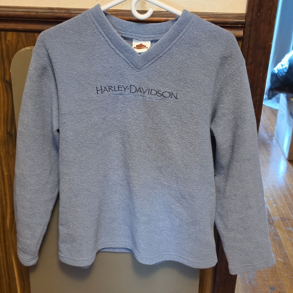 Harley-Davidson Women's Terrycloth V-Neck Long Sleeve Embroidered Top Light Blue